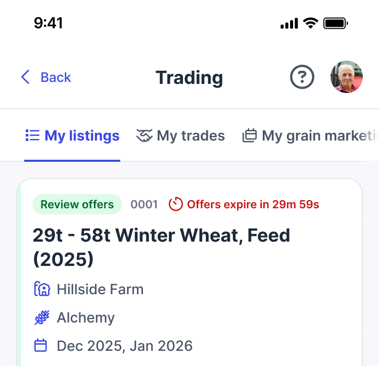 The Hectare Trading app showing a Winter Wheat listing with offers due to expire