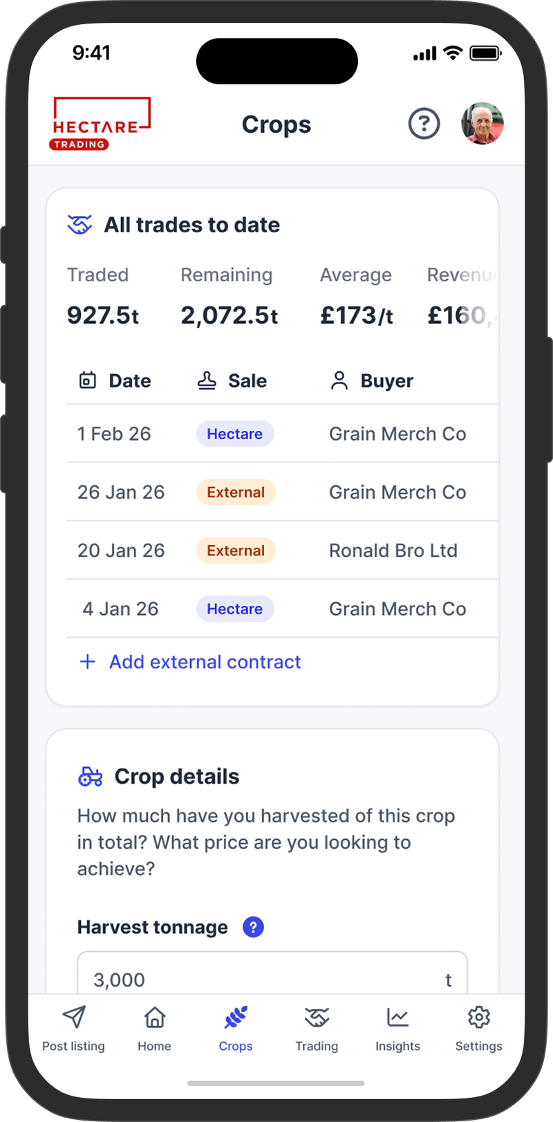 The same list of trades on a phone, with the option to add an external contract