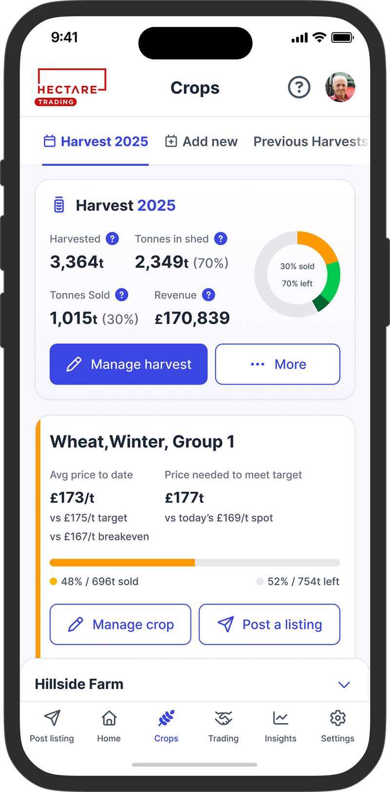 The same Crops screen on a phone