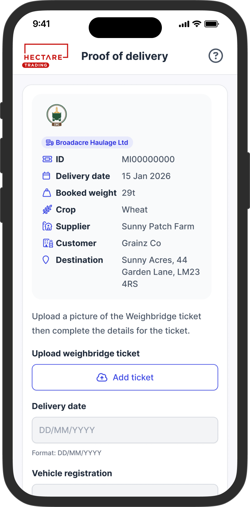 The Proof of Delivery screen on a phone, showing a load's details and the prompt to upload a weighbridge ticket