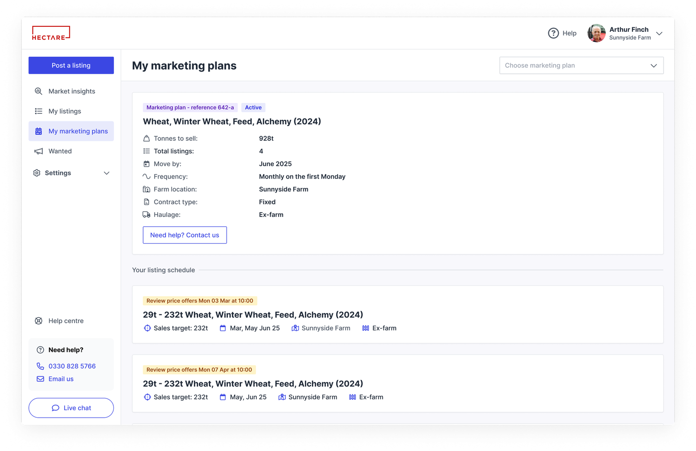 The marketing plans screen, showing a plan's tonnage, movement window and the listing schedule underneath