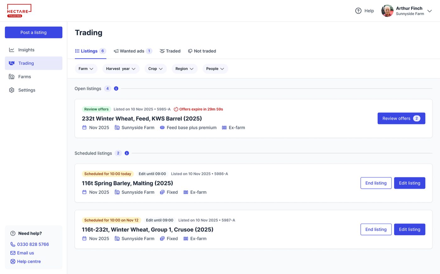 The Trading listings board, showing an open listing with offers to review alongside two scheduled listings