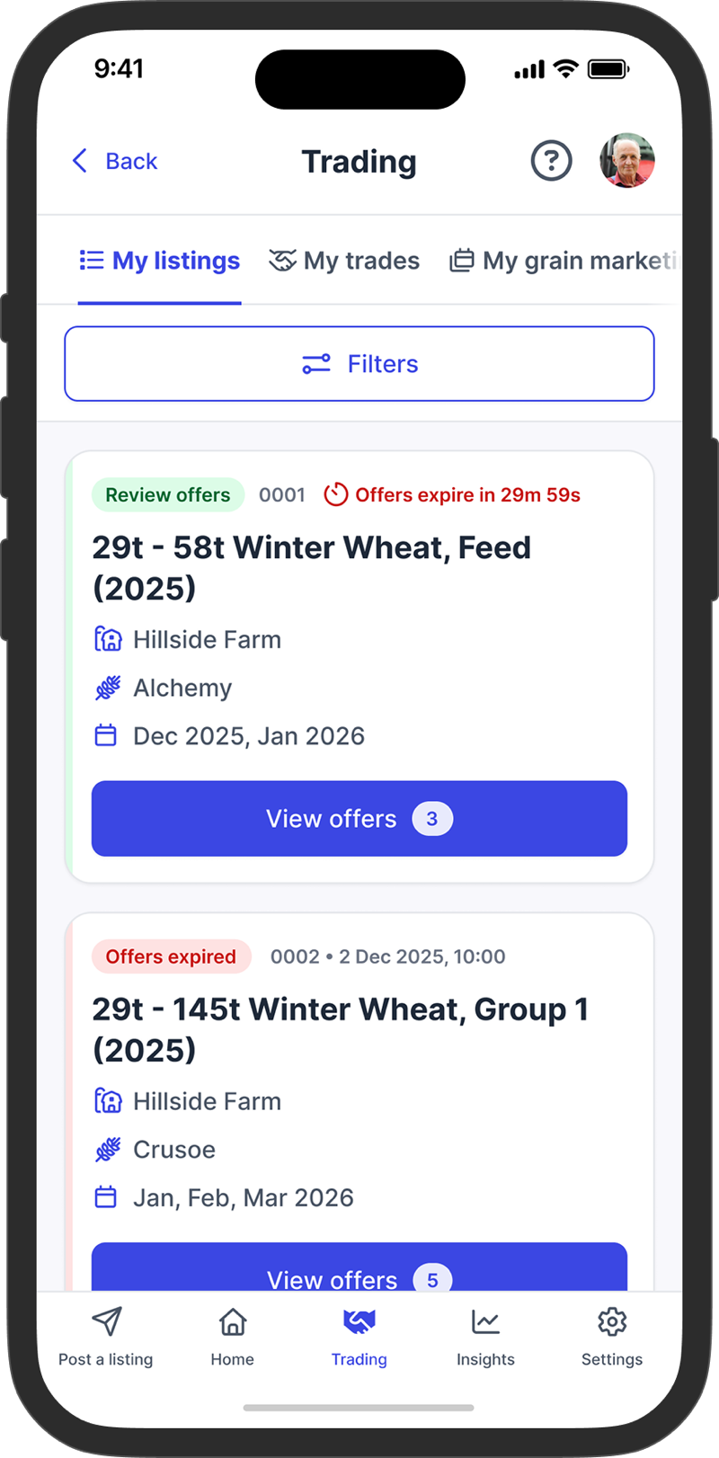 The same listings on a phone, each with the number of offers waiting