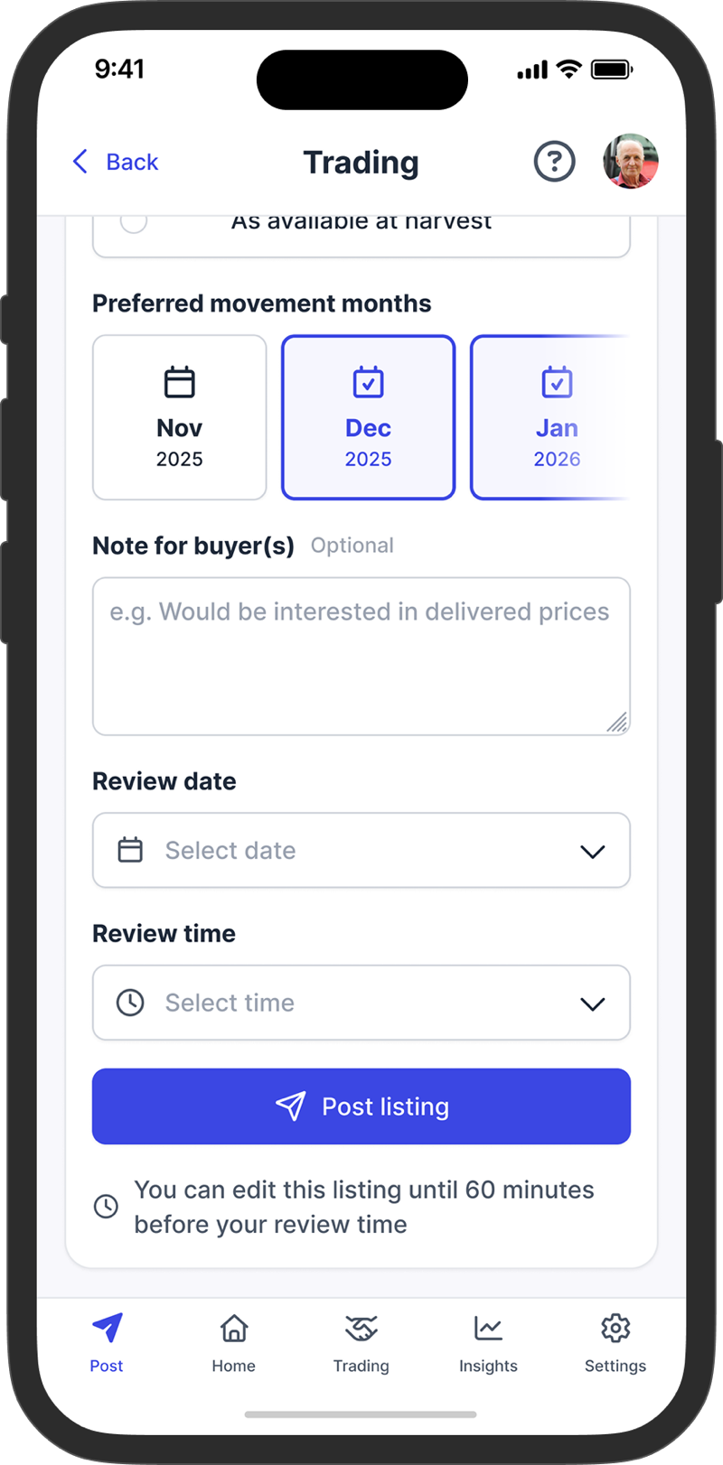 Posting a listing on a phone: preferred movement months, a note for buyers, and the review date and time to collect offers by